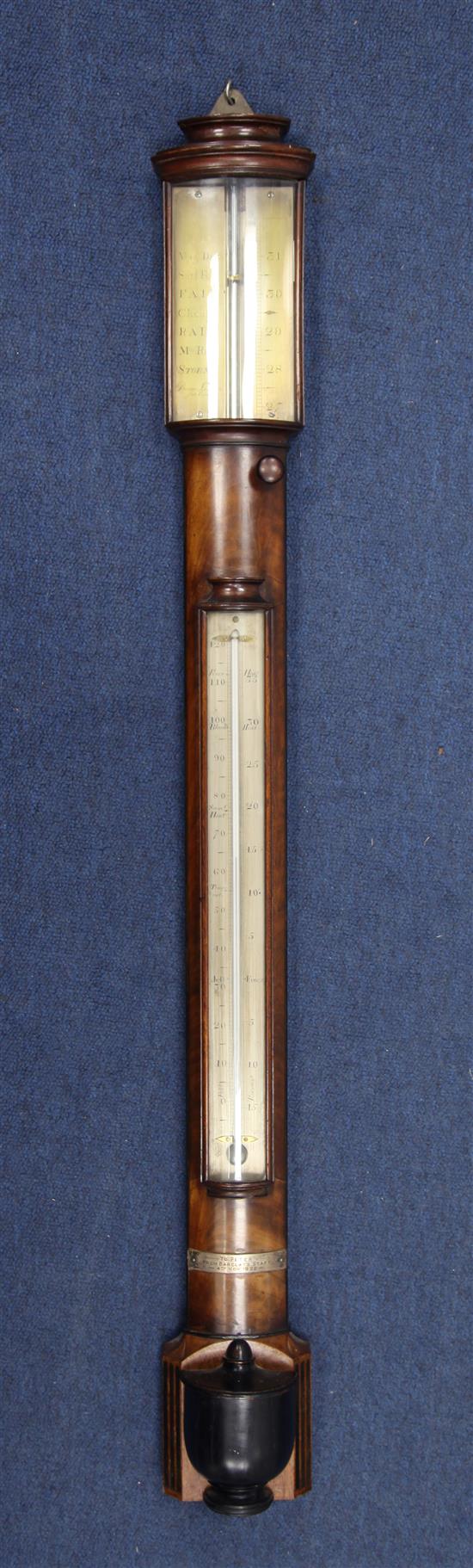 An early 19th century mahogany bow-fronted stick barometer, Berge, London, late Ramsden